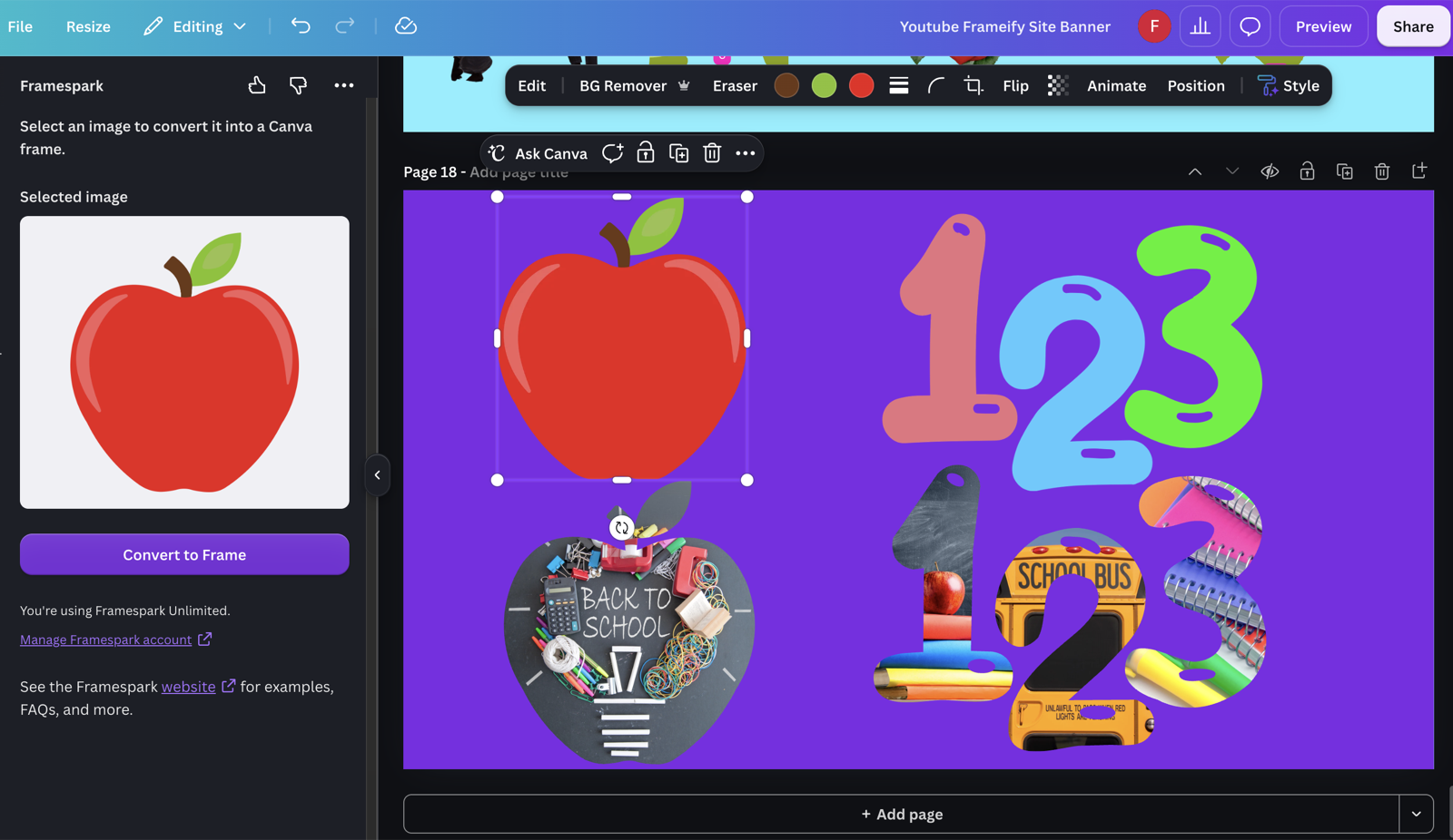 Framespark in Canva converting an apple graphic into a frame alongside filled number frames